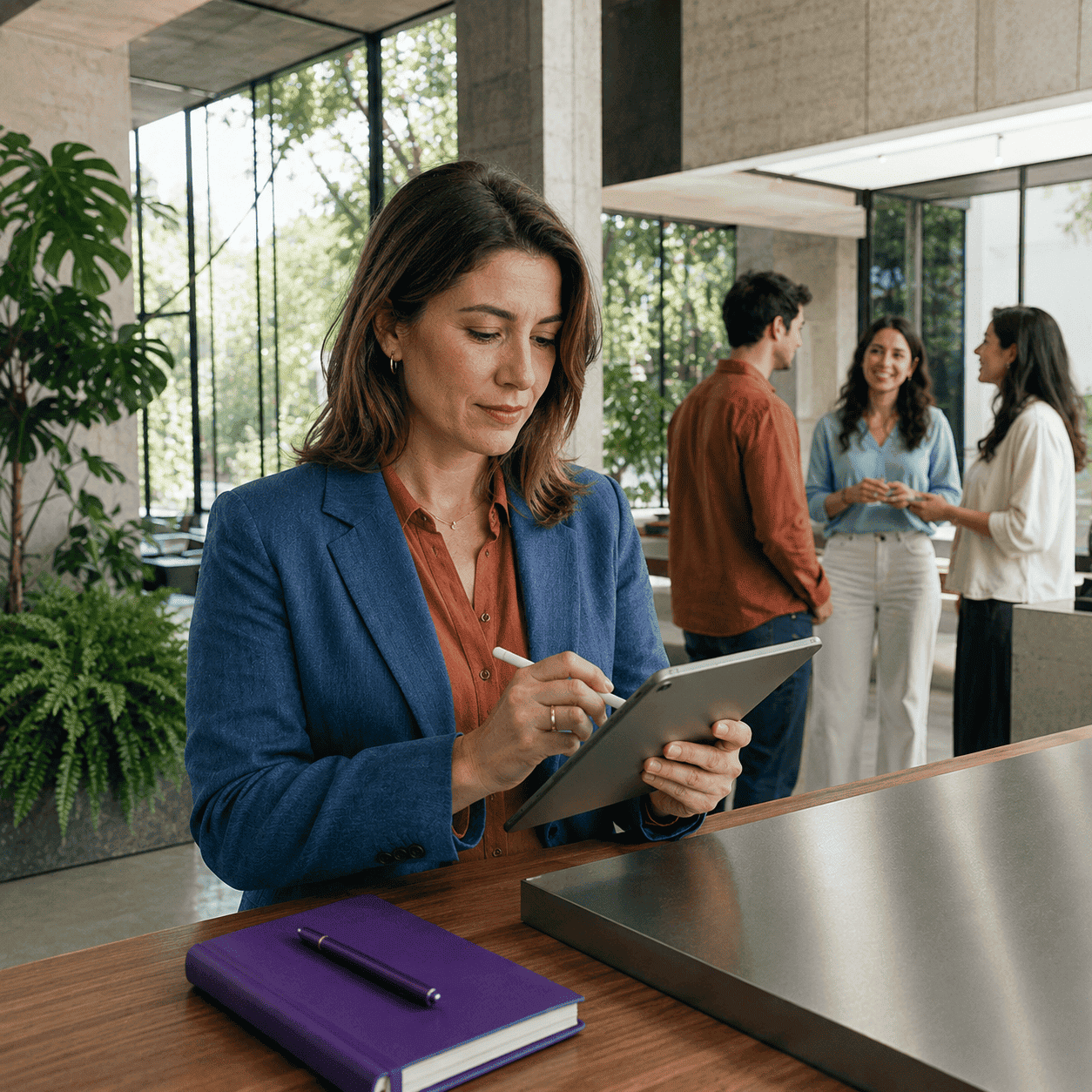 Empresaria usando una tablet junto a una libreta, con compañeros conversando al fondo
